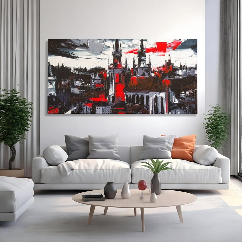 Tablou canvas cu pictura canvas cu turle gotice si accente rosii, fara rama, pe sasiu de lemn, pe perete intr-un living